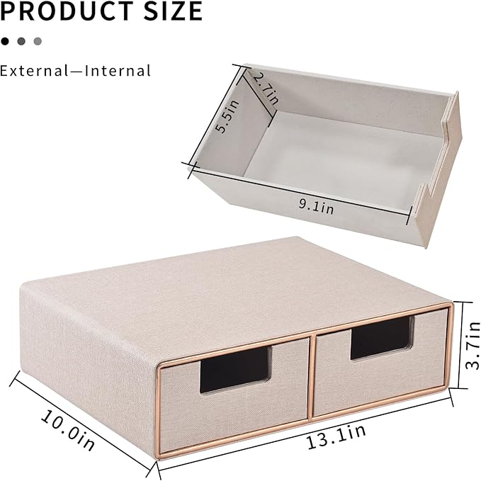 RHCSZ Linen Leather Desk Organizer with Drawers－Mini Desktop Drawer Organizer Stackable－Multifunctional Tabletop Organization Storage Box for Office Supplies Home Vanity Toiletries (Beige, 2-drawers)