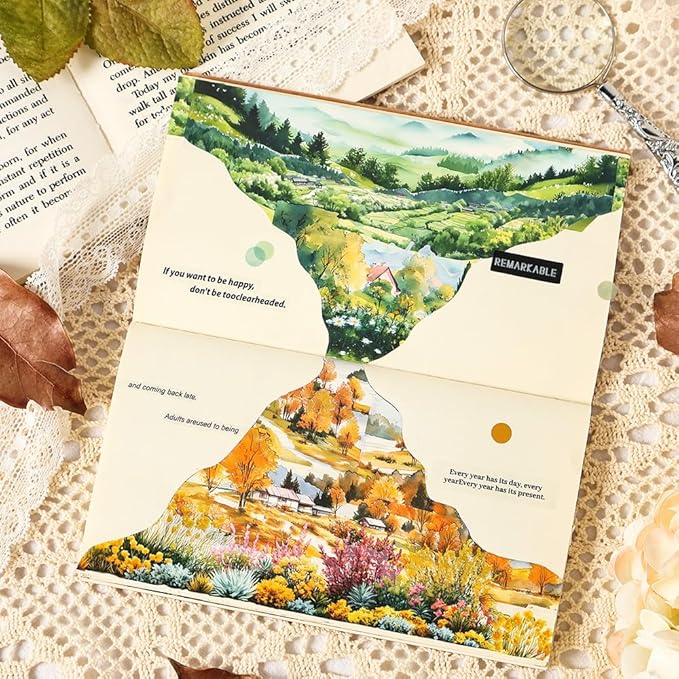 Dwpetzo Transparent PET Stickers for Journaling Scrapbooking, 60 Sheets Large Seasonal Landscape House Mountain Forest Wildflower Stickers Set for Junk Journal, Collage, Crafts Arts