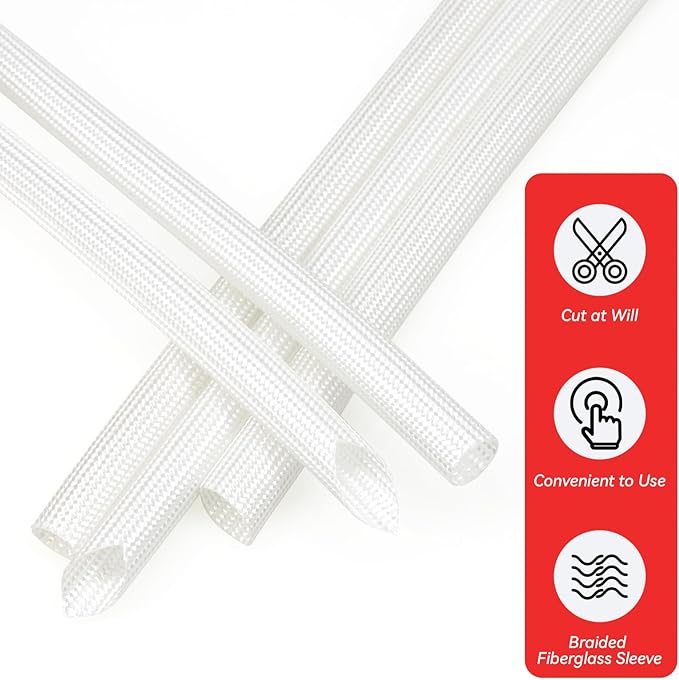 Braided Fiberglass Sleeve, 10ft High Temp Cable Sleeve, Flexible Cable Management Cable Protector for Car Wire Loom Protection (White, 5/8")