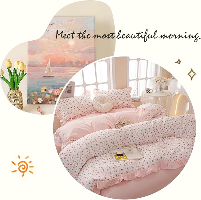 LifeTB Ruffle Duvet Cover Twin Cute Pink Red Flower Duvet Cover 100% Cotton Girls Floral Bedding Cover Reversible Pink Striped Ruffle Comforter Cover Romantic Princess Lace Bedding Set for Teen Girls