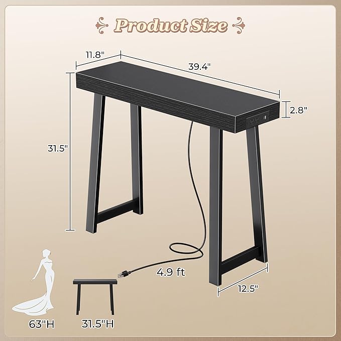 Huuger Entryway Console Table with Charging Station, USB-C Port, 39.4 Inch Sofa Table with Metal Legs, Entry Hallway Table with Thicker Desktop, Modern Behind Couch Table, Black