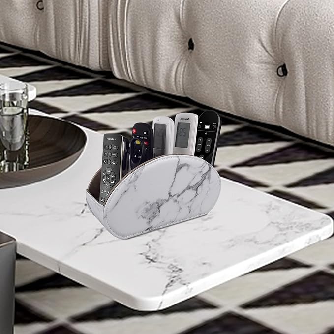 RHCSZ Leather Remote Control Holder with 5 Compartments TV Remote Caddy Store Box,Desktop Organizer for Controller, Glasses and Media Player,Pen Storage (White)