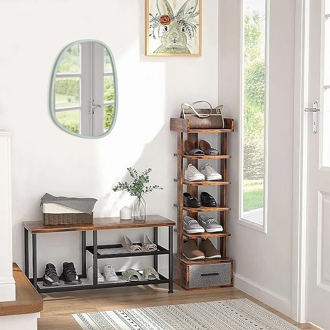 Green Wall Mirror Asymmetrical Irregular Wood Frame Mirror for Wall Unique Modern Wall-Mounted Artistic Oval Shape Small Mirror Decor for Bedroom Living Room Bathroom Entryway Hallway Vanity