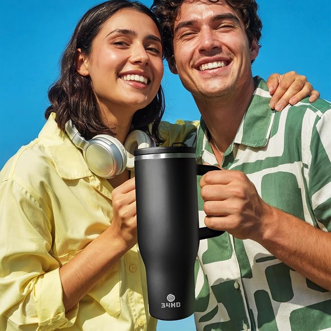 34HD 40 oz Stainless Steel Tumbler - Leakproof Insulated Water Bottle with Handle, Magnetic Lid and Flexible Straw - Iced for 48 Hours – Perfect for Men, Women, Birthday Gift, Black - Midnight Onyx