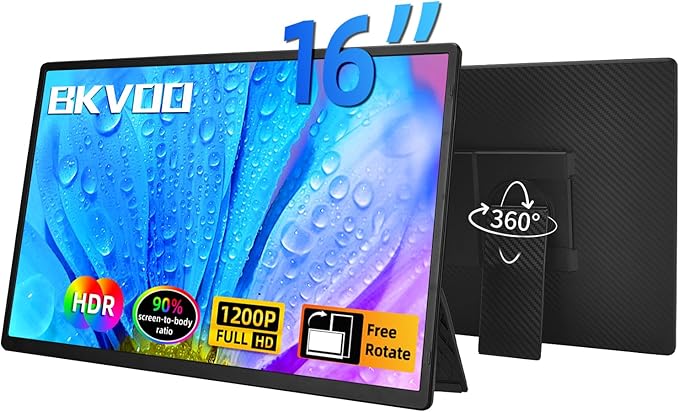 BKVOO Portable Monitor Laptop Screen Extender - 16" 1200P FHD Travel External Display USB-C HDMI Port Detachable Kickstand Gaming Monitor Compatible with Wins Mac Chrome Dex Phone