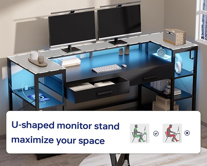 Pamray 58 Inch Computer Desk with Monitor Stand and Shelves Gaming Desk with LED Lights & Power Outlets PC Vanity Table with 2 Drawers for Home Office Marble
