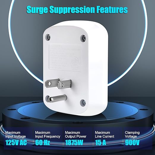 Single Surge Protector Plug, FiiMan ETL Listed Grounded Outlet Wall Tap Adapter with Indicator Light,1-Outlet,2200 Joules/15A/1875W, White, 2Pack