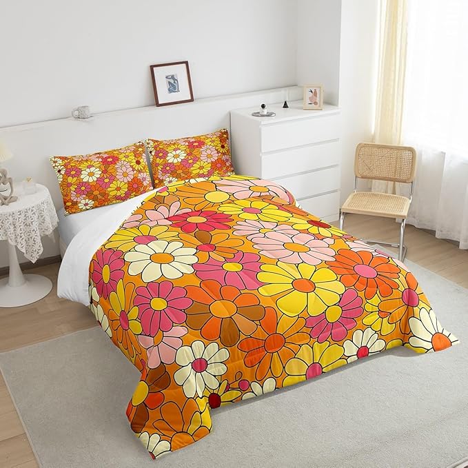 Castle Fairy Bohemian Flowers Comforter Set Full Size,70s Floral Bedding Comforters for Girls Teens,Hippie Retro Groovy Botanical Down Comforter with 2 Pillowcases,Chic
