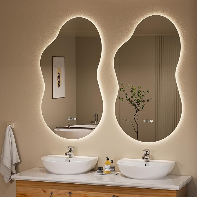 Irregular Cloud Backlit Bathroom Mirror 20x36 Inch, LED Vanity Mirror with Lights Anti-Fog, Dimmable 3 Colors, 4mm Tempered Glass, Horizontal/Vertical Wall Mount for Bathroom or Makeup Area