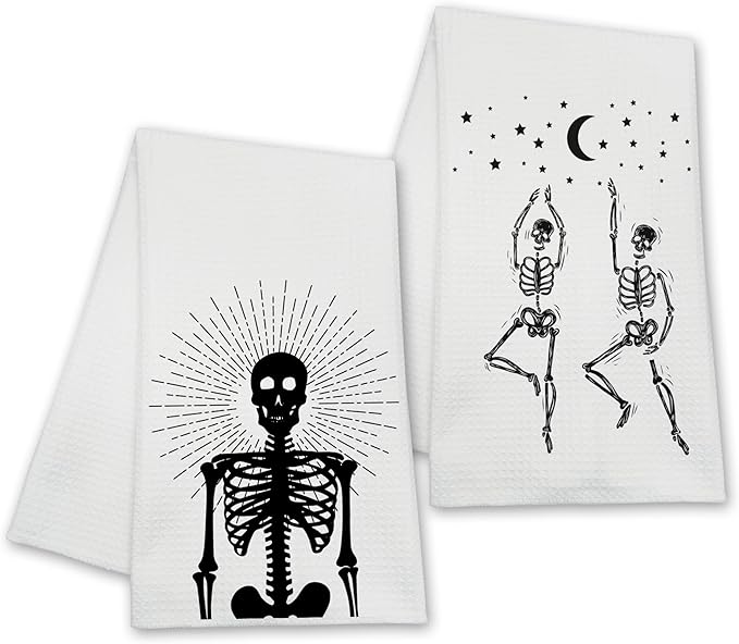 Funny Skull Kitchen Towels, Goth Skeleton Hand Towels for Bathroom, Housewarming Gifts for Women Friends Skull Lovers, Farmhouse Home Tea Towel Halloween Decorations, Set of 2-10
