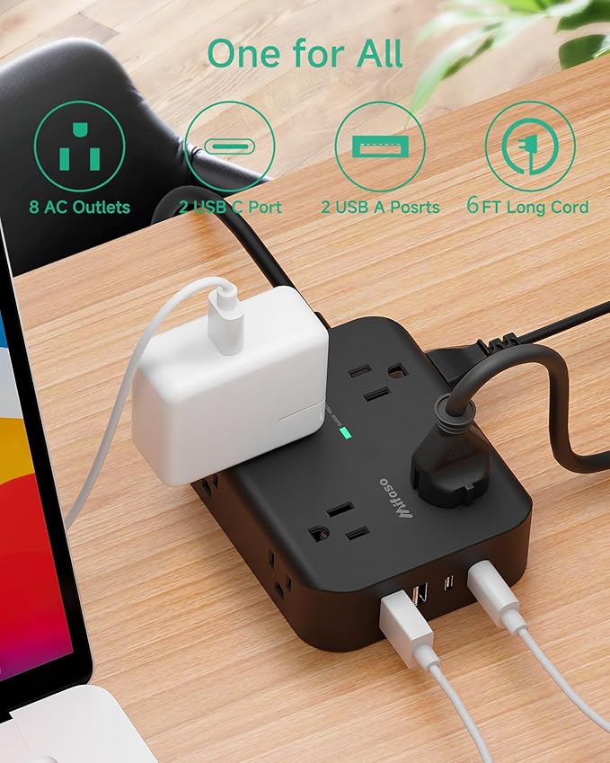 Extension Cord 20 FT, Surge Protector Power Strip with 8 Wide Outlets 4 USB Ports, Flat Plug, Mounted, Overload Protection, Indoor Home Office Apartment Dorm Room Essentials