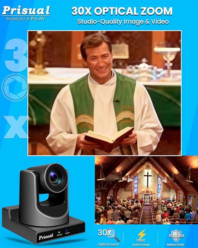 Prisual PTZ Camera Gen 5, 30X Optical Zoom Auto AI Tracking, HDMI 3G-SDI USB IP Streaming, 0.5 Lux for Church Live Streaming, YouTube Facebook, Events, vMix, OBS, Wirecast. TEM-30S PRO