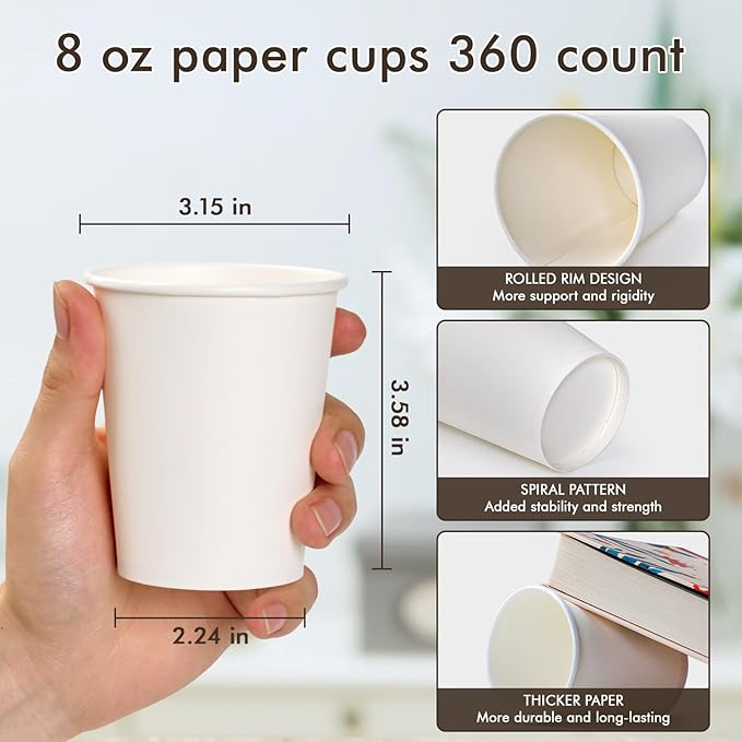TV TOPVALUE 360 Count 8 oz Paper Cups, Disposable Paper Coffee Cups 8 oz,Hot Beverage Drinking Cups for Water Juice or Tea,Perfect for Office Home Party