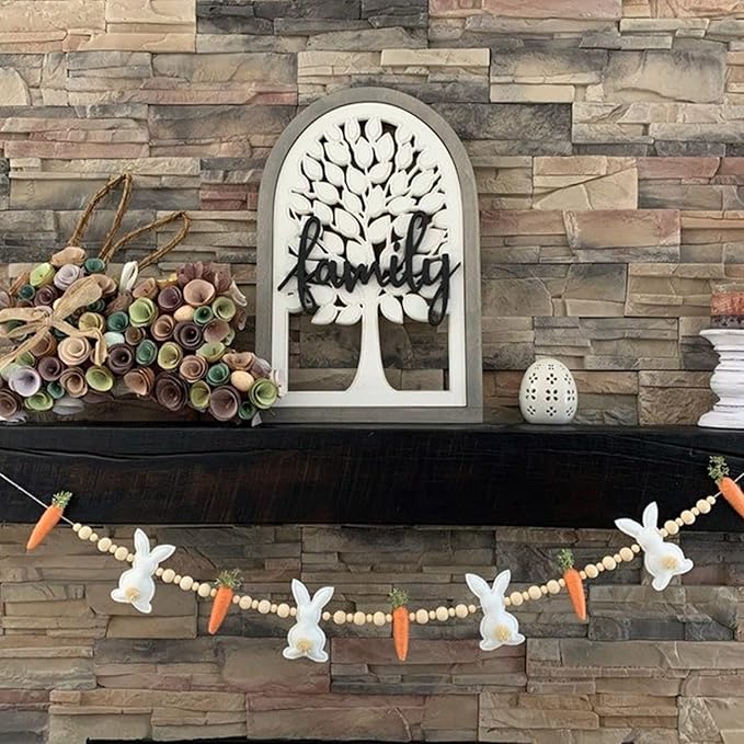 Easter Bunny Carrot Garlands, 27.5'' 3D Wooden Beads Rabbit Easter Banner Decorations, Rabbit Spring Decor Hanging Ornaments (White Orange, One Size)