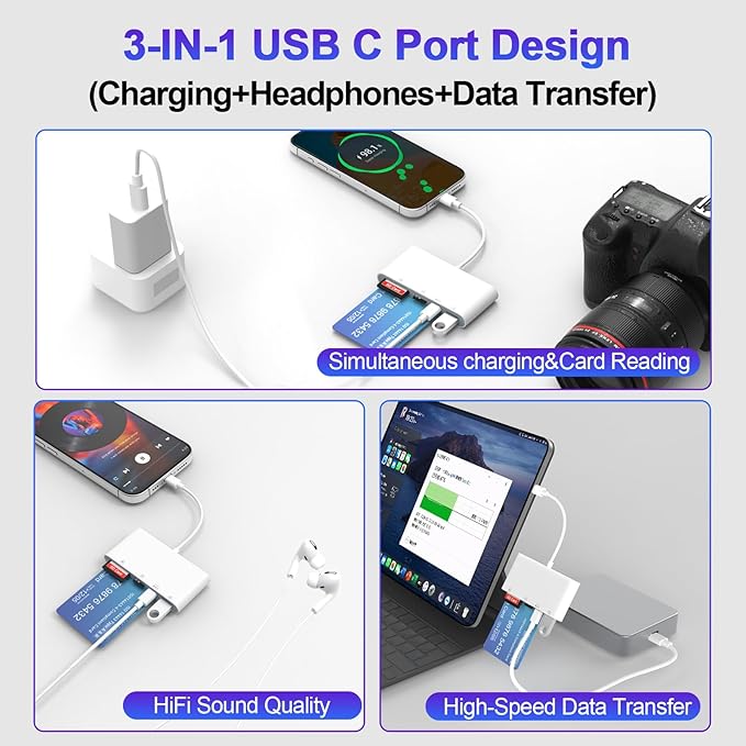 USB C SD Card Reader for iPhone, 5-in-1 Multi Memory Card Reader with SD+TF+Smart Card Slot+USB OTG+USB-C Port, DOD Military USBC Common Access CAC Smart ID Card Reader for iPhone 16/iPad/Mac/Laptop