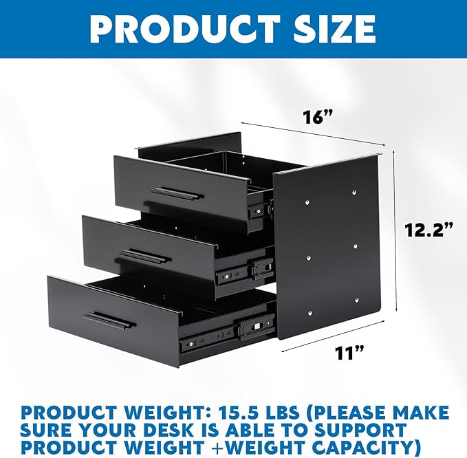 Menkxi 16 Inch Slide out Under Desk Drawer 3 Layer Pull out Desk Organizer Storage Metal Mounted Sliding Hidden Under Counter for Writing Office Sit Stand Workstation, Vertically Stacked, Black