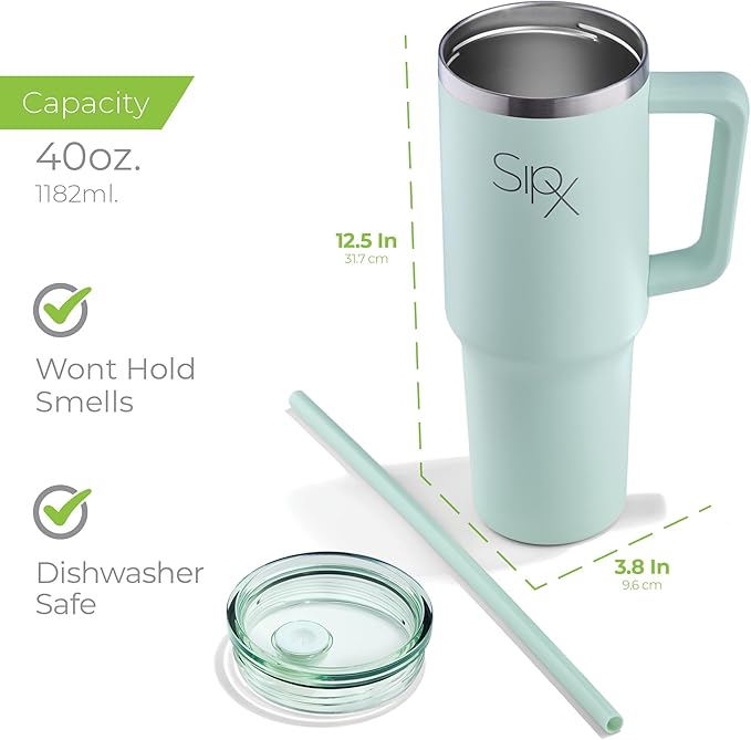 SIPX™ 40 oz Insulated Tumbler with Handle & Straw – Vacuum Insulated Stainless Steel, Leakproof, Cupholder Friendly – Perfect for Iced Coffee, Water & Travel – Green
