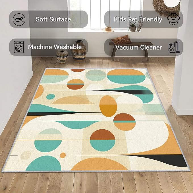 Retro Mid Century Rug 3x4, Washable Modern Geometric Rugs for Living Room Bedroom, Abstract Mid-Century Area Rug for Home Decor, Non Slip Backing Floor Carpet - 3 x 4 ft