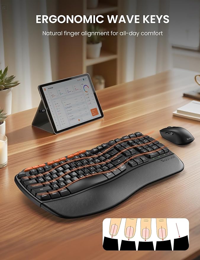 Ergonomic Wireless Keyboard and Mouse Combo, 2.4G Full Size Wave Key Board with Cushioned Palm Rest, Natural Typing, 3 DPI Adjustable Mouse, USB-A & C for Computer/Laptop/Mac/Tablet – Sablute