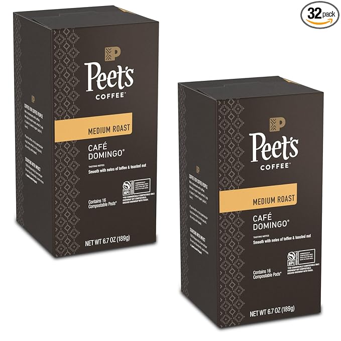 Peet’s Café Domingo Coffee Pods – 32 Count (2 Packs of 16) – Medium Roast with Smooth, Balanced Flavor and Aromatic Finish – Compatible with Pelecom Coffee Machines