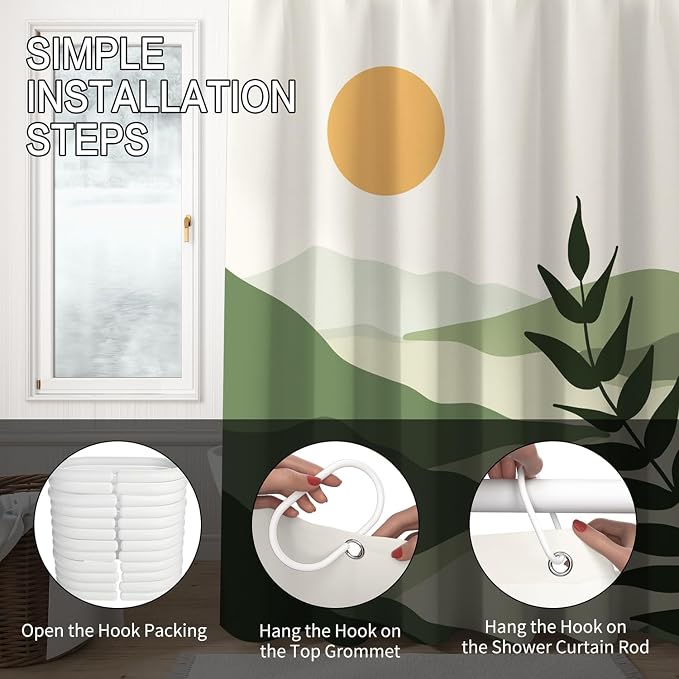 Boho Mid Century Shower Curtain Modern Abstract Sun Tropical Leaves Bathroom Curtain Set Neutral Minimalist Plant Waterproof Fabric Bath Decor with Hooks 72x84 inch