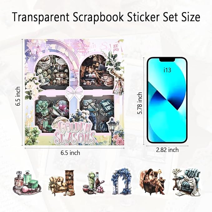 Scrapbooking Stickers Set for Adults, 100 Sheets 3.1 x 3.1 Inches Diecut Golden Seasons Theme, PET Stickers for Journaling, Junk Journal Supplies, Collage, Scrap Book, DIY Crats Arts Decorative