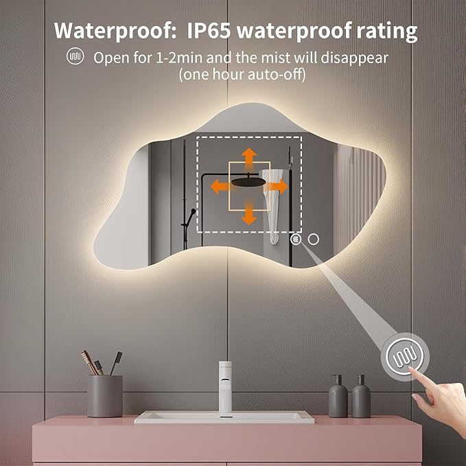 43.3″ Asymmetrical Bathroom Mirror with Lights, LED Irregular Wall Mirror, Abstract Modern Lighted Vanity Mirror for Wall, Anti-Fog, Dimmable, Horizontal/Vertical