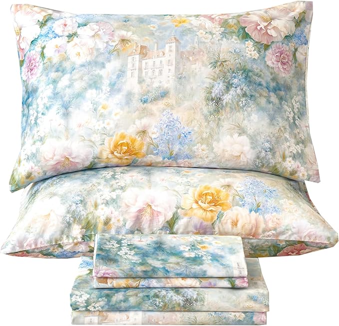 Zusbest Queen Sheet Set Luxury Floral Bed Sheets 100% Cotton, Satin Weave Soft Breathable for Hot Sleepers Romantic Peony Flowery Printed Cottagecore Bedding Deep Pocket Fitted Sheet 17.5‘', 4Pcs