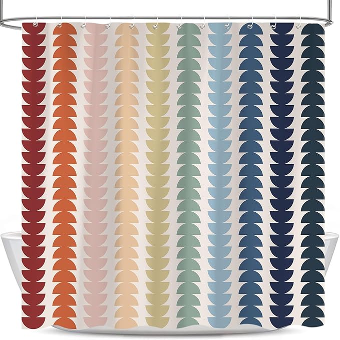 Modern Geometric Shower Curtain, Vintage Rainbow Mid-Century Abstract Art Design Bath Curtains for Bathroom, Colorful Semicircular Pattern Waterproof Polyester Fabric Bathroom Set 12 Hooks 60X72IN