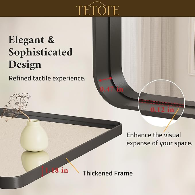 TETOTE 48 x 30 Inch Bathroom Mirror, Matte Black Modern Metal Frame Rectangle Wall Mounted Vanity Mirror (Horizontal/Vertical)