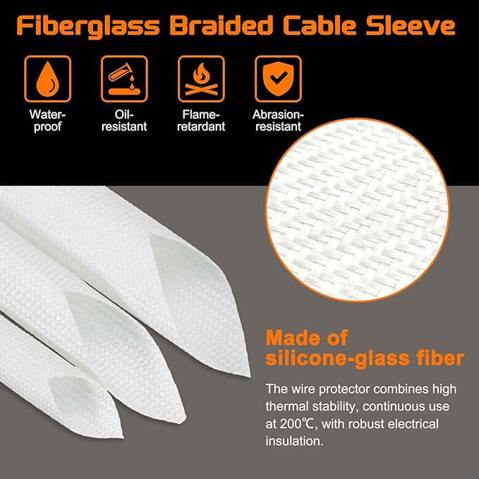 MECCANIXITY 30ft Braided Cable Sleeve, 1/2" ID 200C High Temperature 1500V Fiberglass Wire Insulation Cord Protector Organizer Wires Management for Motor Engine Fuel Line, White