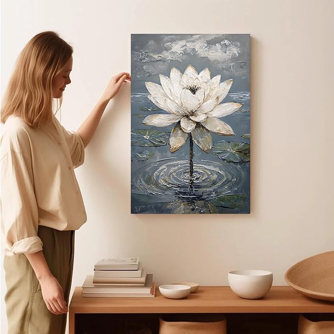 Stunning white lotus emerges from prismatic water with delicate petals background Serene aquatic wall art suitable for modern minimalist decor 24x36in Wood Framed