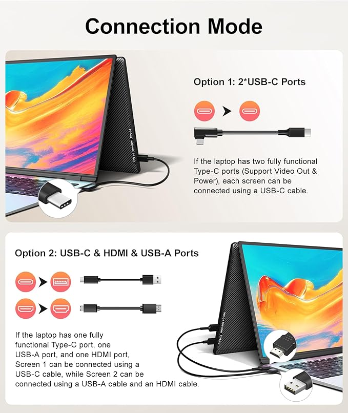 Cevaton Laptop Screen Extender, 14" FHD 1080P Triple Portable Monitor, Plug & Play Screen Extender, Auto Adjust Width Dual Monitor for 13" - 17" Laptops, Compatible with MacOS/Wins/Chrome/Dex
