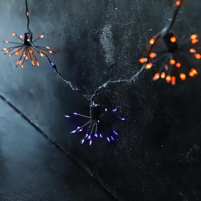 8 Clusters Firework Lights 10FT Battery Operated Orange and Purple Fairy Lights with Remote 200LED Decorative Fall Lights for Indoor Outdoor Garden Halloween Decorations