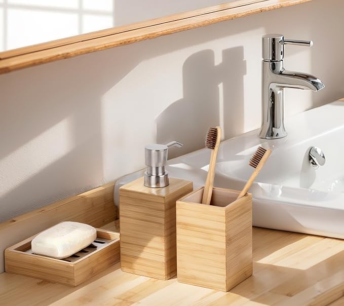 Clasin Home Bamboo Bathroom Accessories Set, 3 Pcs Wood Bathroom Accessories Soap Dispenser, Toothbrush Holder, Soap Dish, Kitchen Soap Dispenser Set for Home Decor, Housewarming Gift