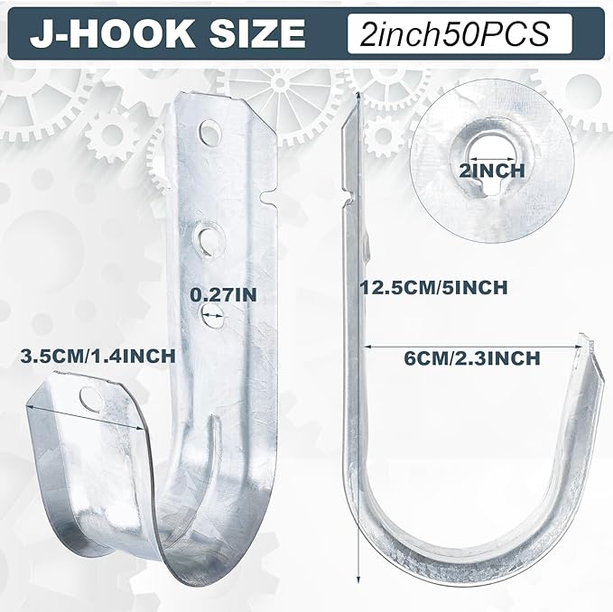COCODE 50 Pack Wall Mount 2’’ J Hooks with Retainer Clip Galvanized Steel Cable Hangers Heavy Duty Utility Hooks Cable Management Support for Structured Cabling
