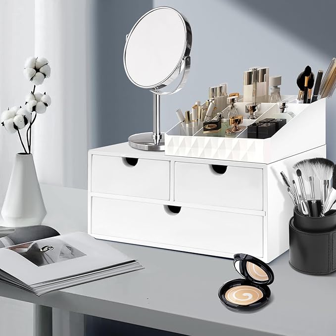 Charmewooden Desk Organizer with Drawers Countertop Drawer Organizer Drawers for Desk Top Home Office Workspace Bathroom Toiletries Supplies (white)