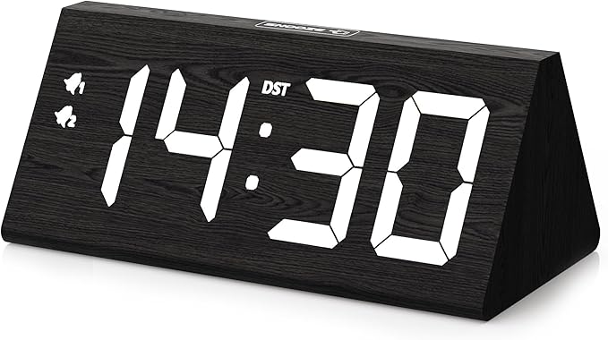 fomobest Wooden Digital Alarm Clock with Dual USB Charging Ports, DST, Dimmable, Snooze, Modern Large Time Display LED Clock for Kids Bedrooms, Living Room, Desk, Table, Bedside, Nightstand (Black)