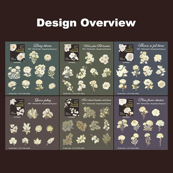 AuriicLeaf Floral PET Stickers – 60 Foil-Stamped Self-Adhesive Flower Designs Waterproof Transparent Stickers for Scrapbooking Journaling DIY Crafts and Decoration