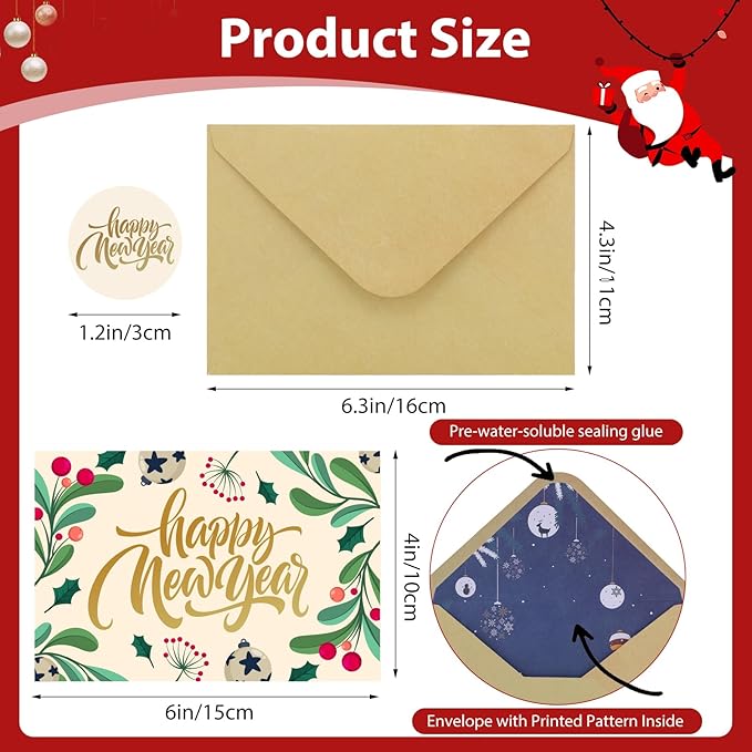 Thboxes New Year Cards with Envelopes, 36 Pack 4x6in Happy New Year Greeting Cards, Gold Foil Happy Holiday Card with Stickers, Christmas Card, 6 Assorted Design
