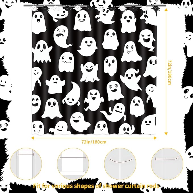 Halloween Shower Curtain, Spooky Cute Ghosts Cartoon Print, Black & White Fabric Bathroom Decor for Boys, Trick or Treat - Includes 12 Hooks and Ghost Decorations, 72x72 Inch