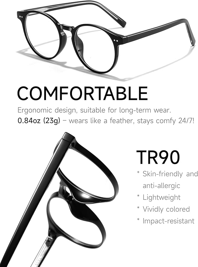 Icesor Round Blue Light Blocking Glasses Lightweight Chic Frame Anti Eye Strain Protection Computer Gaming for Women and Men