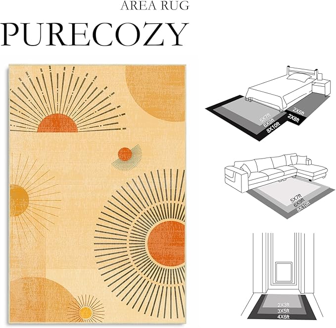 Sun Large Area Rug 4x6 for Living Room Mid Century Modern Rugs Machine Washable Boho Geometric Rug Non Slip Printed Low Pile Indoor Floor Carpet for Dining Room Bedroom Office,Yellow