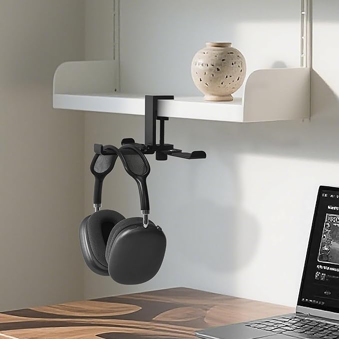 blingwider 3 Hooks Metal Heavy Duty Foldable Headphone Holder for Desk, Headset Stand for Desk,Backpack Holder Hook for Desk,Bag Hook Under Desk,Clamp Hook for Gaming PC Accessories,Black