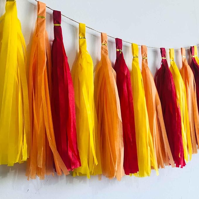 We Moment Red Orange Yellow Tissue Paper Tassels Party Tassel Garland Banner for Birthday Thanksgiving Party Decoration, DIY Kits,15PCS