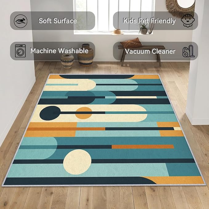 Mid Century Rug 7x8, Washable Modern Geometric Rugs for Living Room Bedroom, Abstract Mid-Century Area Rug for Home Decor, Non Slip Backing Floor Carpet - 7 x 8 ft