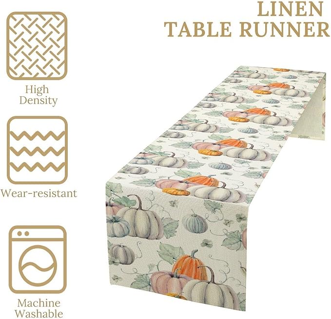 Fall Pumpkin Table Runner Vintage Leaves Plant Motifs Thanksgiving Theme Watercolor Illustration Home Decor for Farmhouse Indoor Outdoor Party Holiday Dining Kitchen Restaurant Cafe W13xL36in
