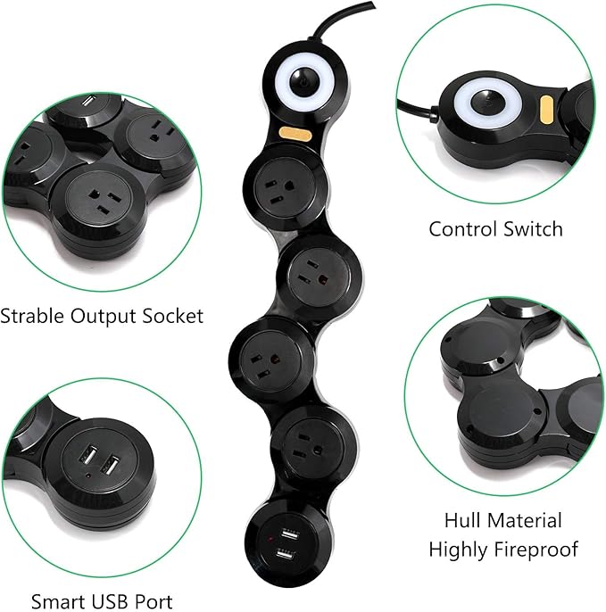 Deformation Power Cord for Large Plug Charger Socket -Flat Plug Power Strip with 2 USB Ports and 4 Multi Outlets, with 6.5FT Extension Cord