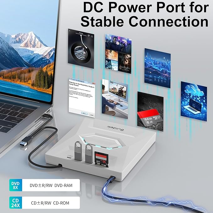 External CD DVD Drive, Ultra Slim Portable CD Player for Laptop CD DVD +/-RW Burner with SD Card Reader USB 3.0 Type C Hub Compatible with Laptop PC Windows Linux