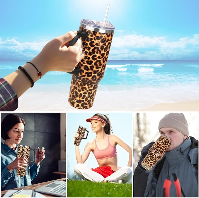 SYACOT 40 oz Tumbler with Handle and Straw Stainless Steel Insulated Tumbler Leak Proof Lid and Straw Lid Reusable Travel Mug Coffee Mug Cup Dishwasher Safe Keep Drinks Cold and Hot (Leopard)